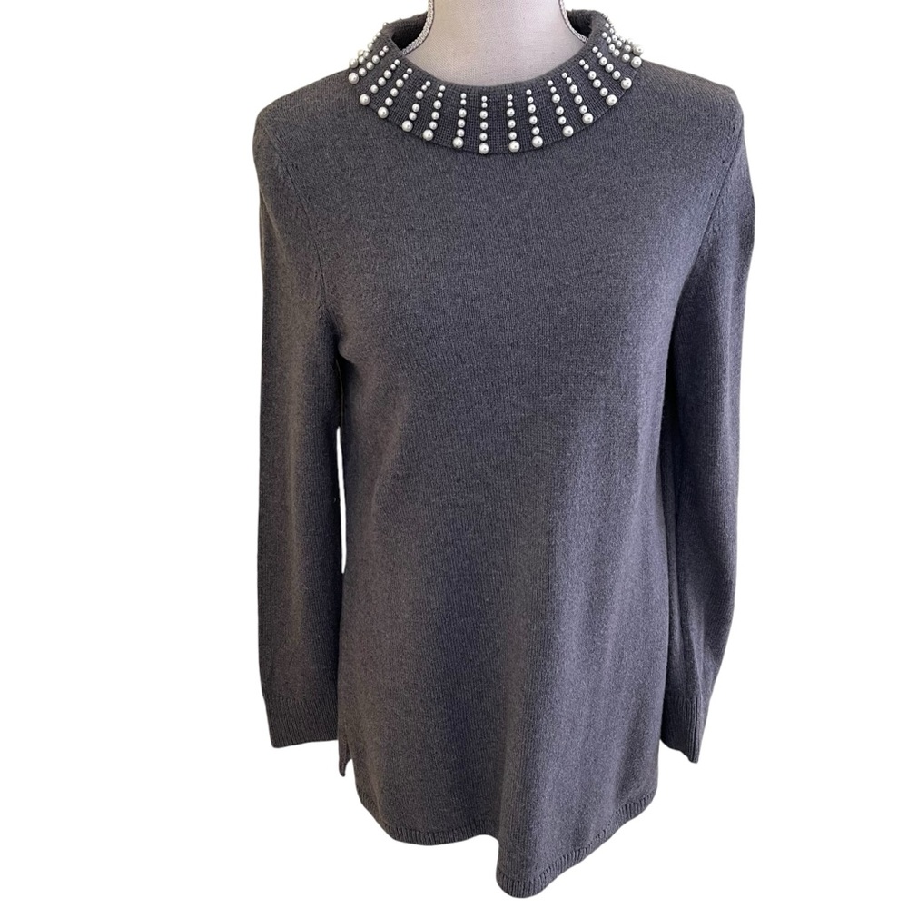 Talbots Grey Mock Neck Sweater with Pearl Embellishment MP